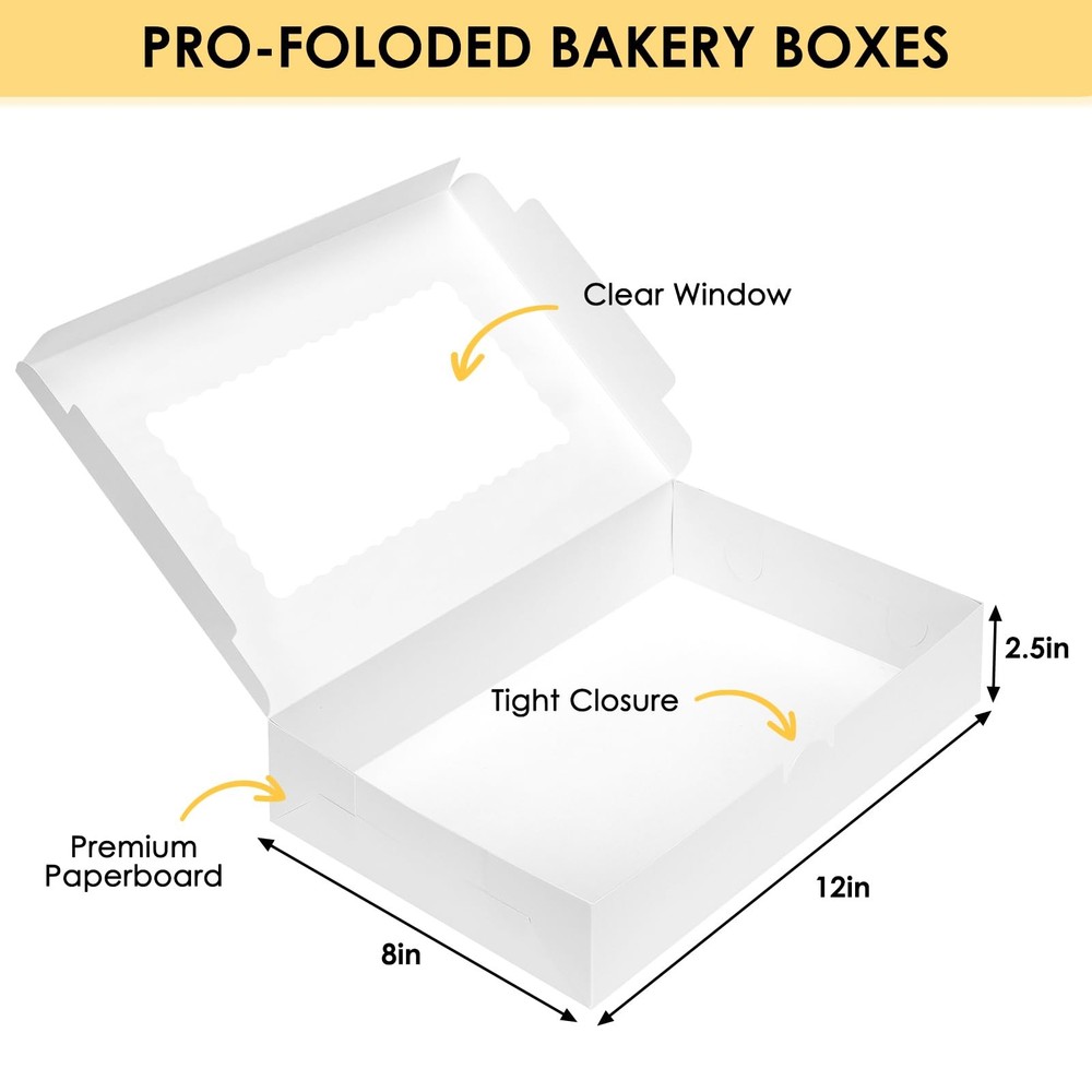48pcs Bakery Boxes,12x8x2.5 Inches Cookie Boxes with 3 Style Window for Choco...