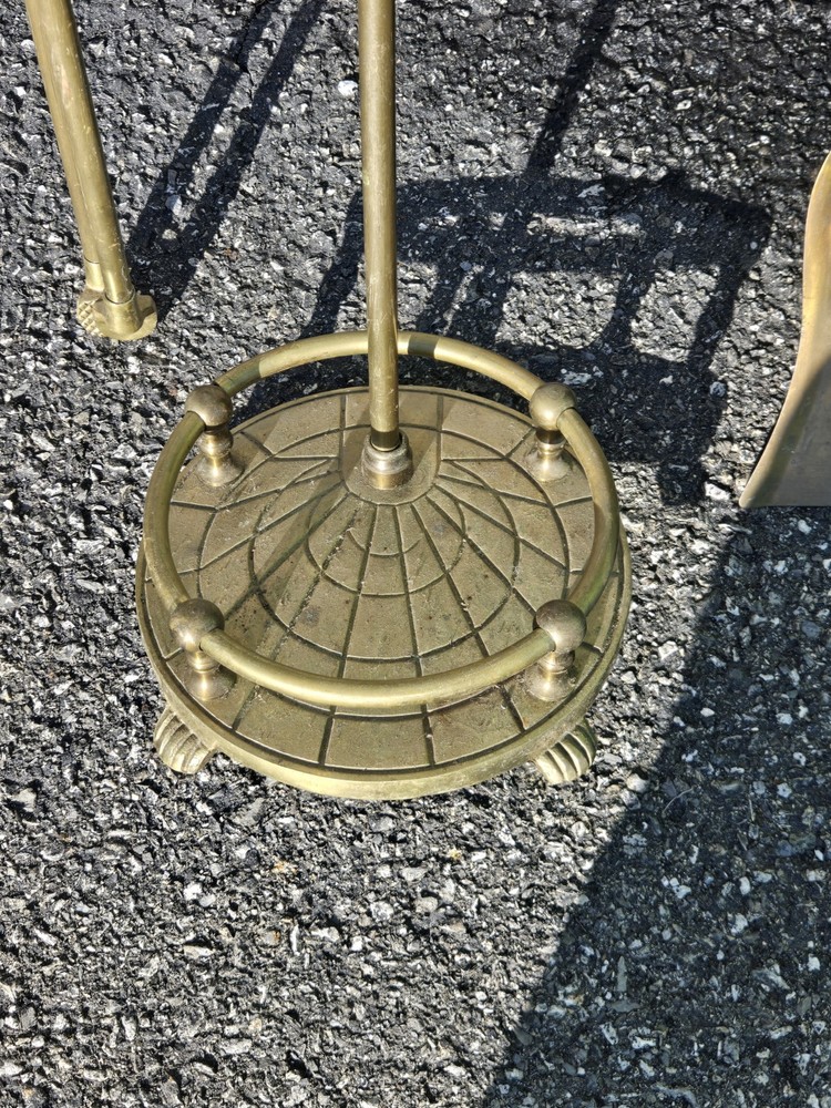 Vintage Solid Brass Fireplace 3 Tools with Stand Set 4x PIECE Round Claw Footed