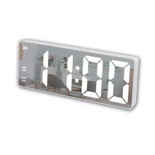 Small Digital Alarm Clock, Mirror Surface LED White Case + White Digit