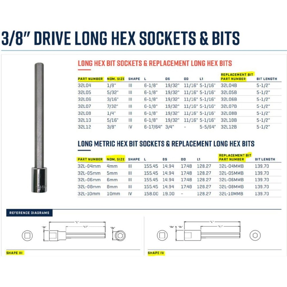 Wright Tool 32L05 3/8" Drive Long Hex Bit Socket With Bit SAE 5/32"