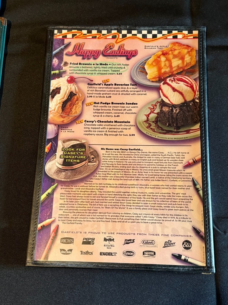 Garfield's Restaurant Pub 1999 1990s Vtg Menu