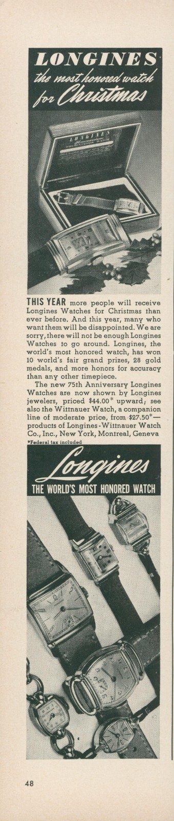 1941 Longines Most Honored Watch For Christmas Gift Box 75th Anniversary Ad L39