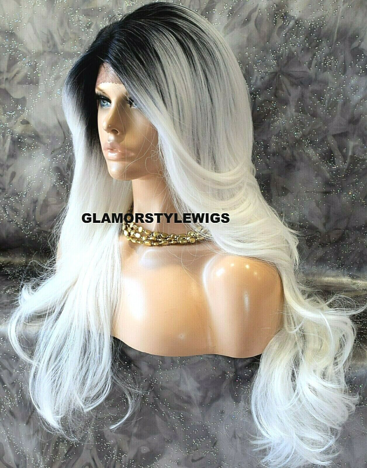 LACE FRONT FULL WIG LONG WAVY LAYERED OMBRE OFF BLACK WHITE MIX HEAT OK NWT