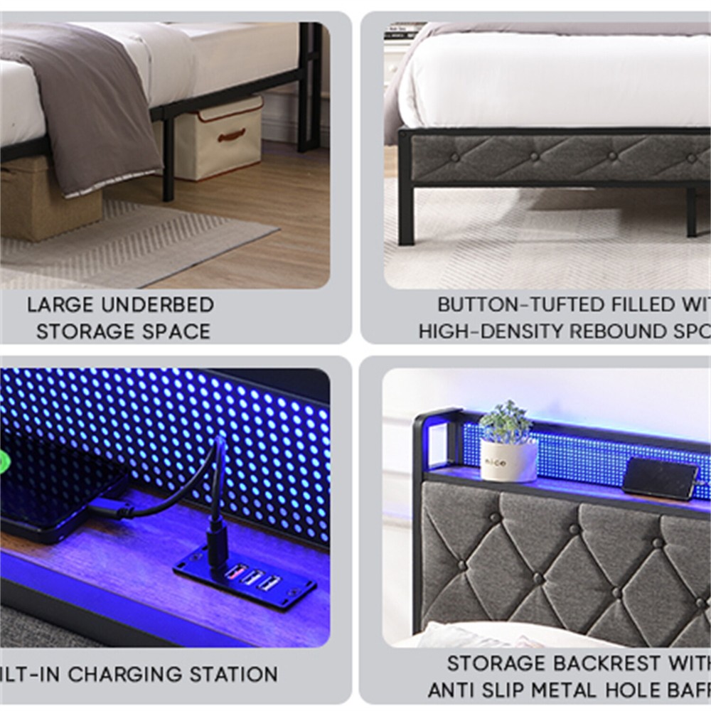 Full Size LED Bed Frame with Headboard & USB Ports Upholstered Platform Bed US