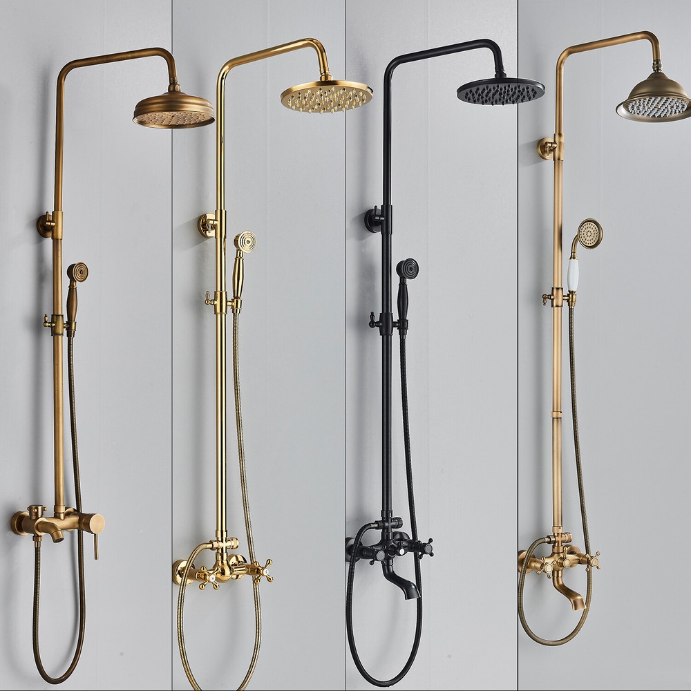 Exposed Shower System Fixture Set 8 Rain Shower Head 2 Double Knobs Cross Handle