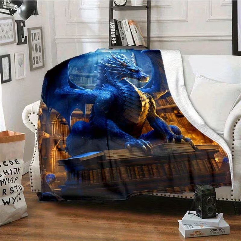 1pc Blue Vintage Library Dragon Throw Blanket