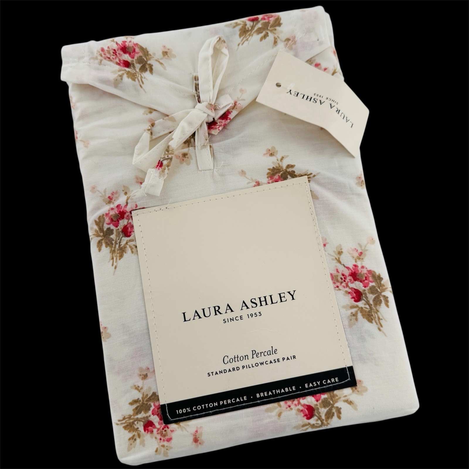 Laura Ashley Dorrie Pink Standard Cotton Percale Pillowcase Floral Cottage Set 2