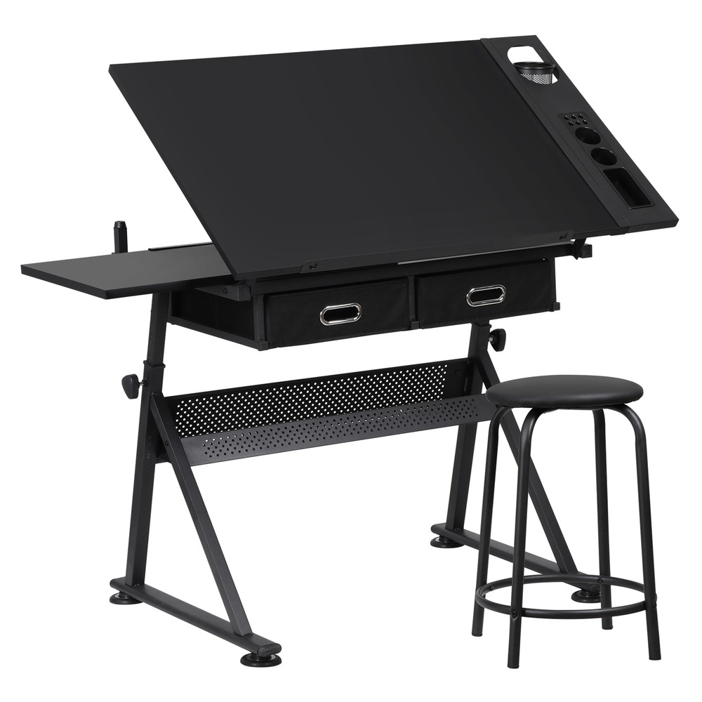 Drafting Table Art Desk Drawing Table Height Adjustable w/2 Drawers &Stool Black