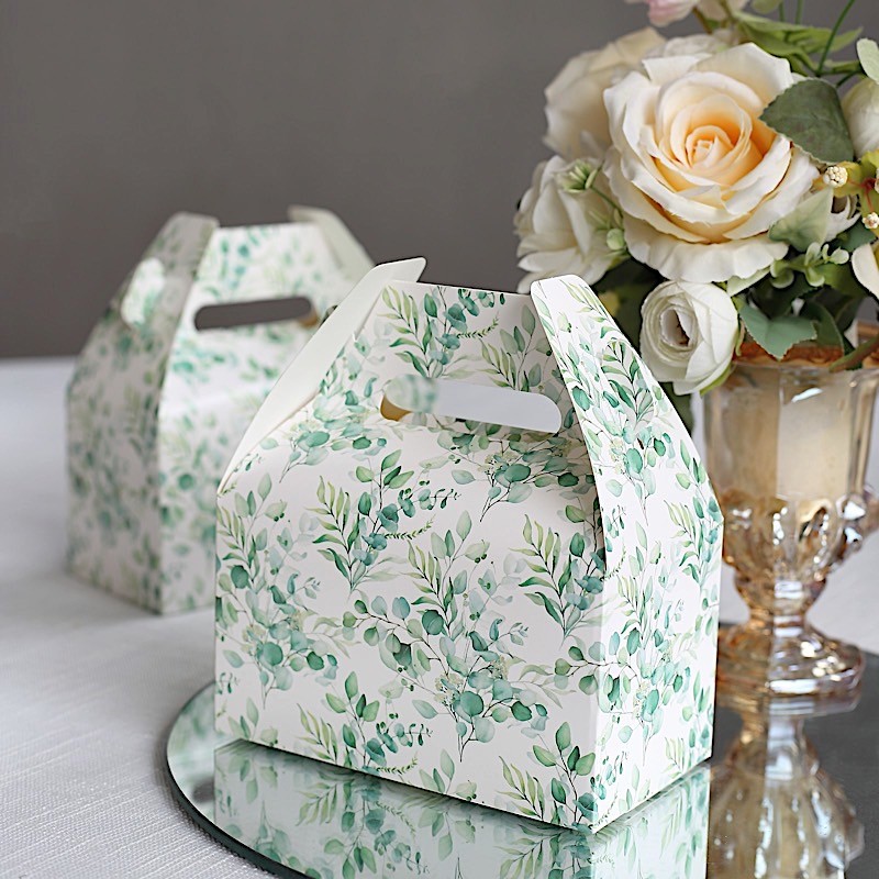 25 WHITE GREEN Tote Party Favor BOXES Floral Printed Candy Gift Holders Events
