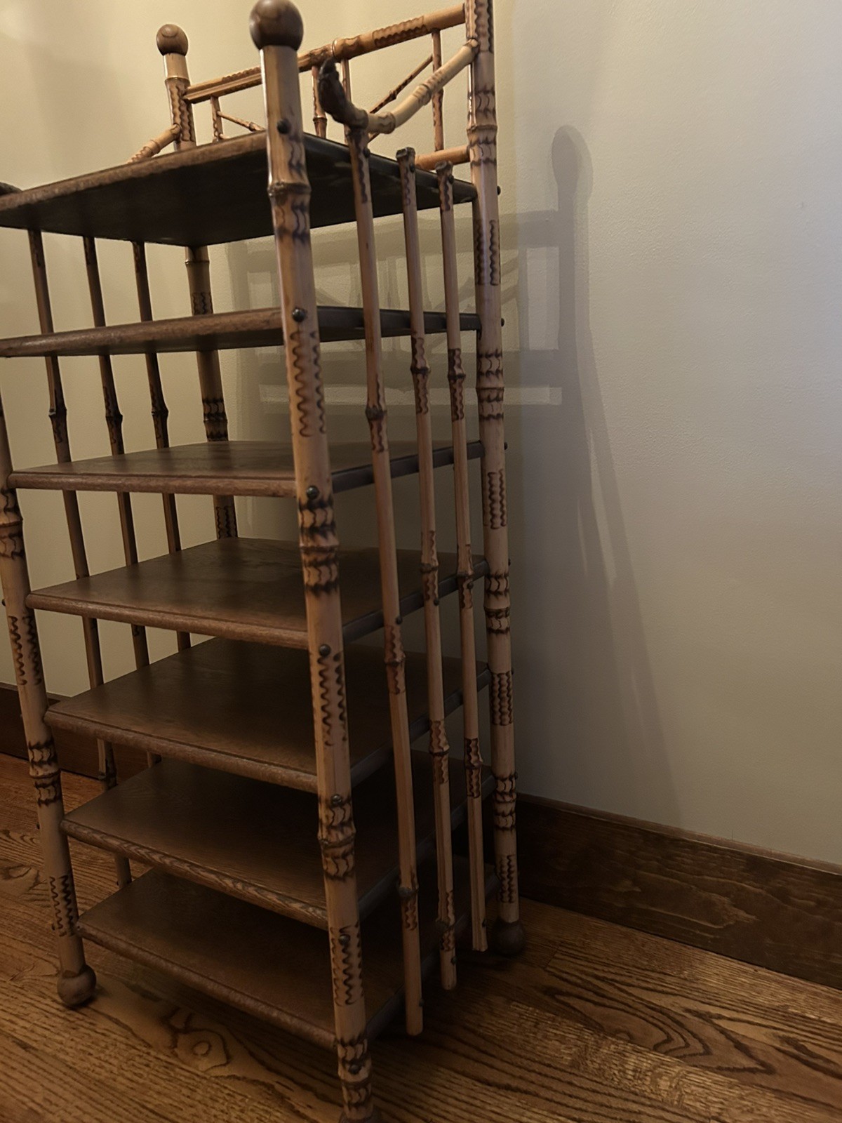 Vintage Antique Bamboo Wood Ornate Curio 7 Shelf Shelving Shelves Etagere