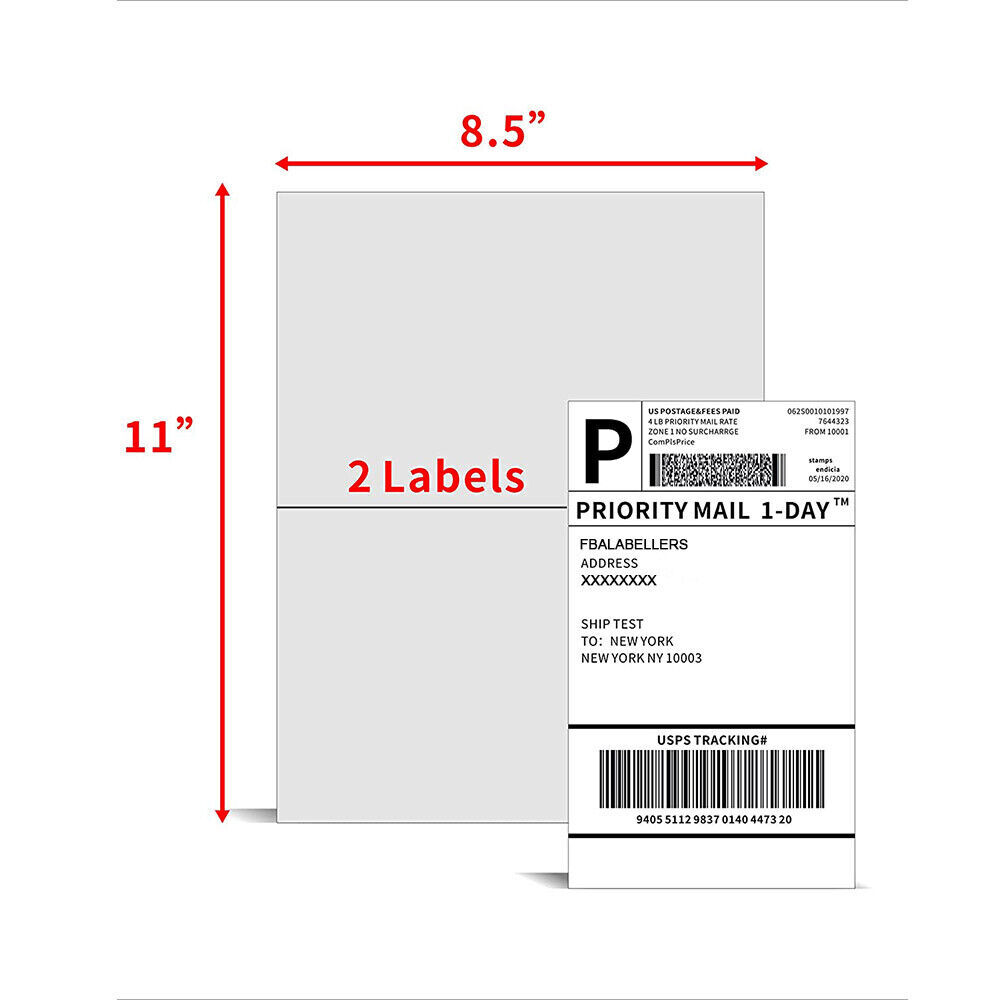 50-10000 Premium 8.5"x 5.5" Half Sheet Self Adhesive Shipping Labels 2 Per Sheet