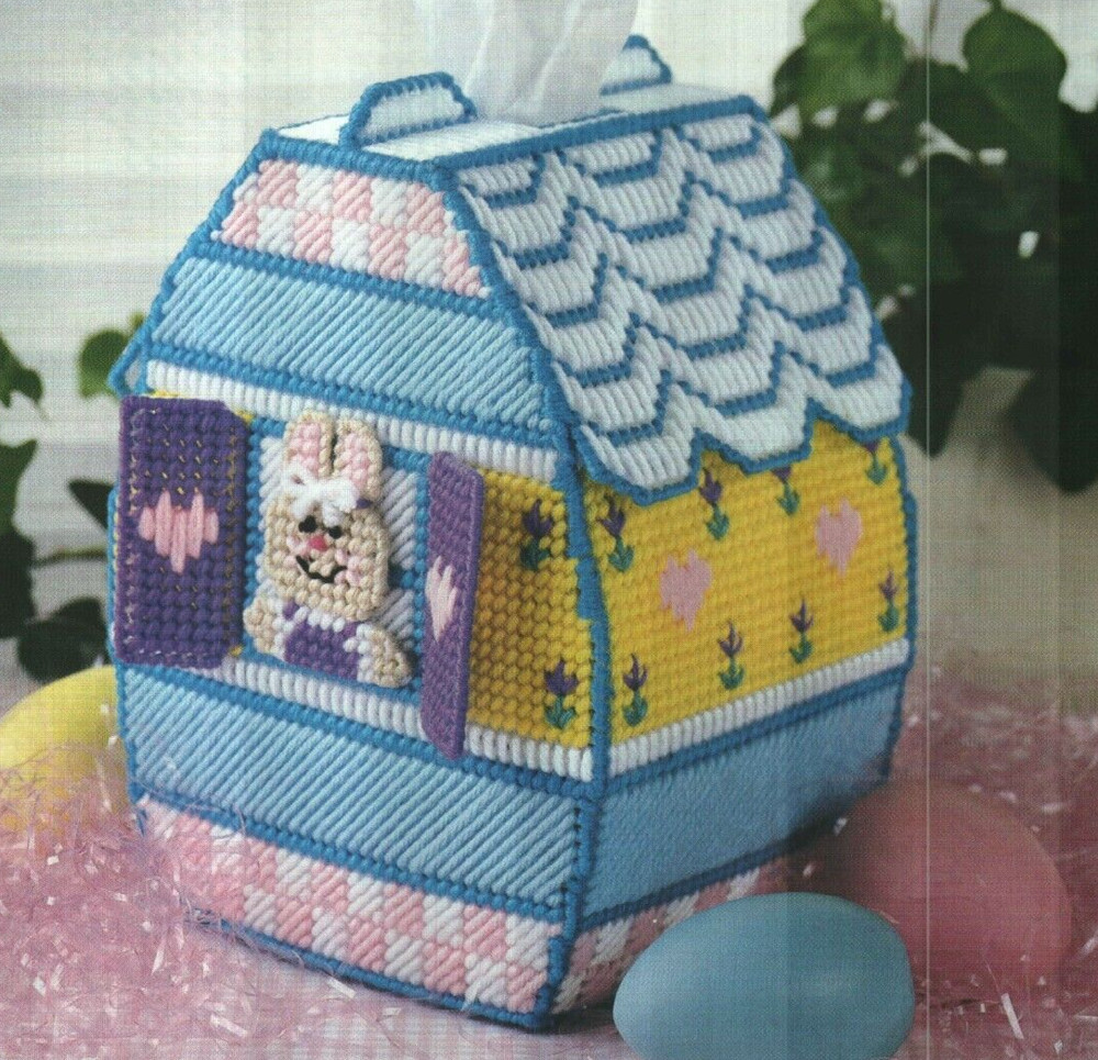 EASTER EGG COTTAGE BUNNY TISSUE BOX COVER PLASTIC CANVAS PATTERN INSTRUCTIONS