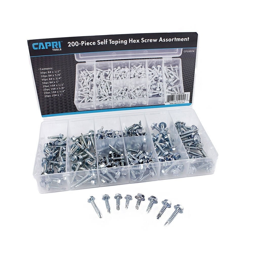 Capri Tools 10024 Hex Self Tapping Screw Assortment, 200-Piece, Silver, Model...