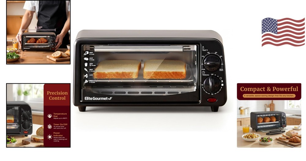 Space-Saving Black Toaster Oven - 650 Watt, 15 Min Timer & Broiling Capabilities