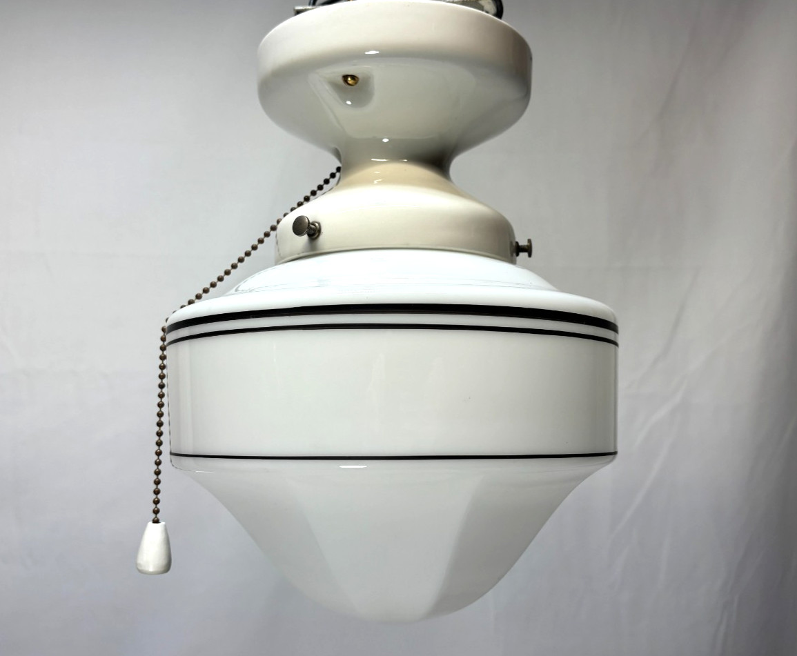 Vtg Porcelain Light Fixture Ceramic Ceiling Art Glass Shade Stripe USA #L99