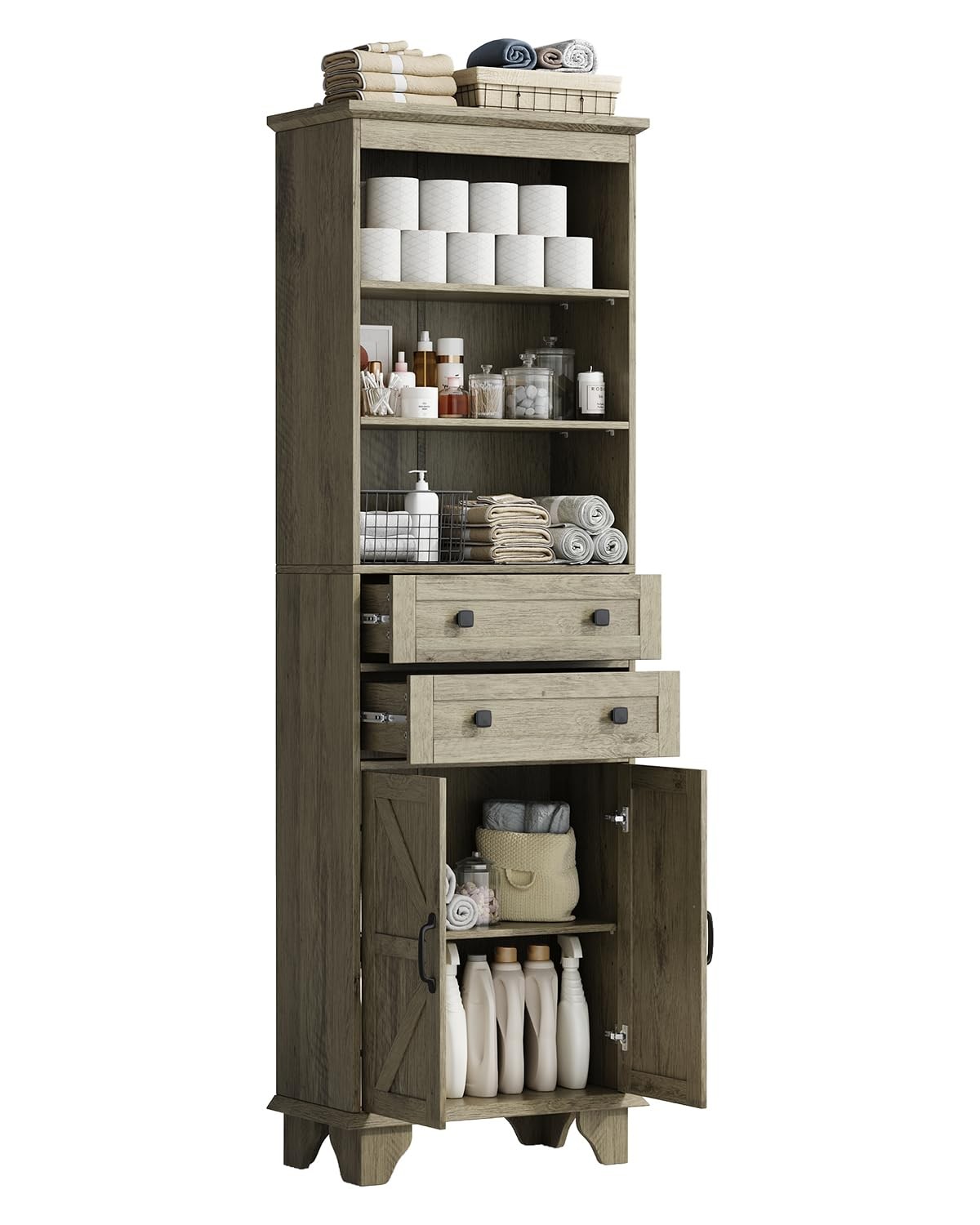 72" Farmhouse Storage Cabinet,Tall w/ 2Drawers,Adjustable Shelves and Barn Door