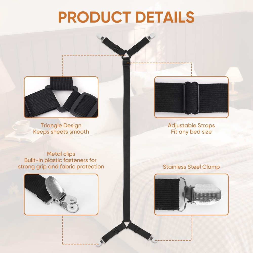 LKbeuuu Bed Sheet Holder Straps, 2Pcs Elastic Adjustable Black