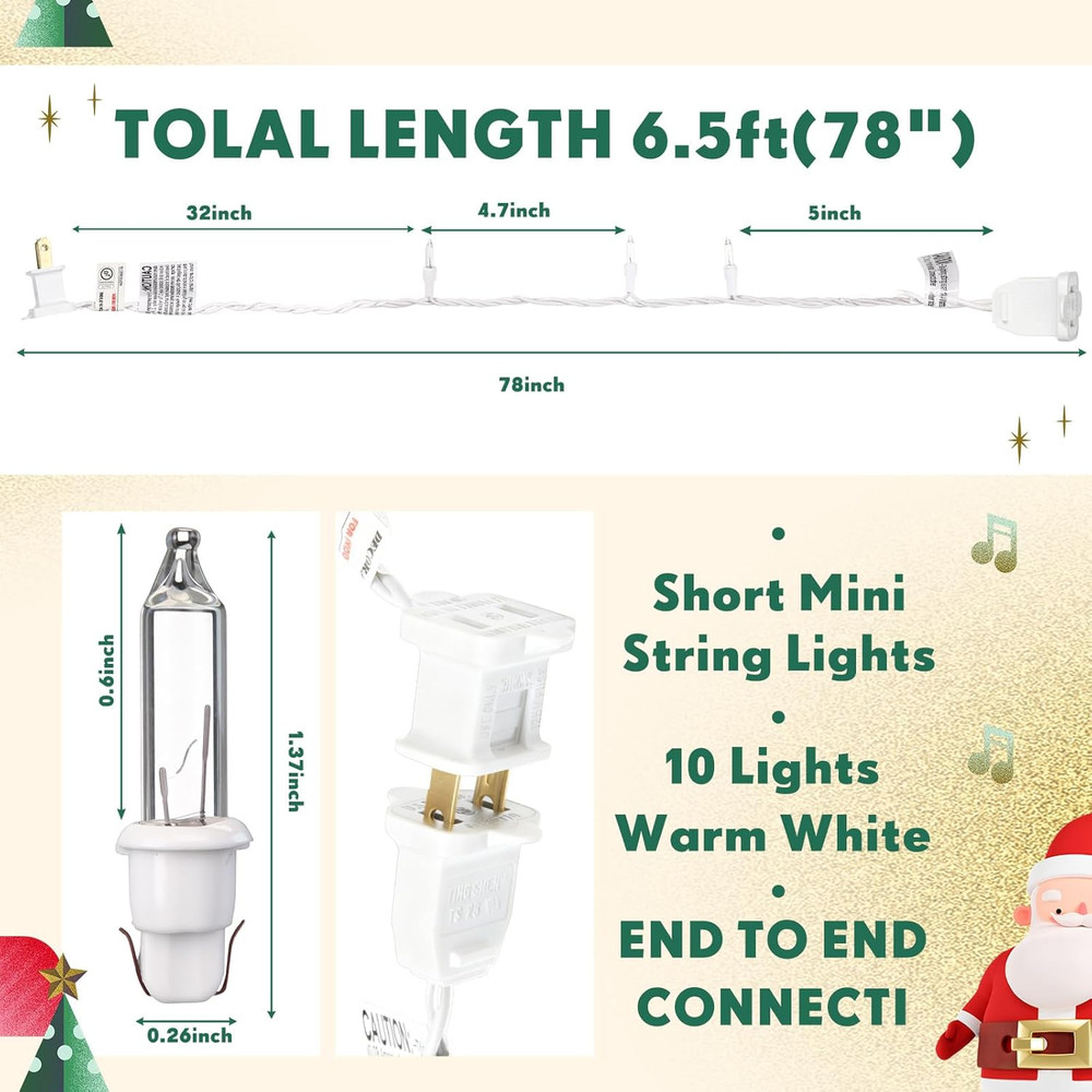 Mini Christmas Lights String Warm White Vintage Short Strand String Lights, Clea