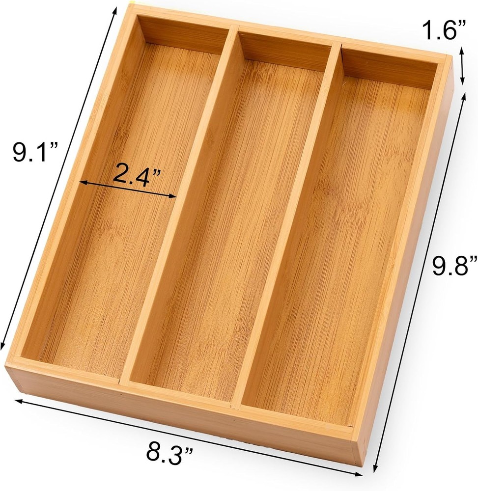 Silverware Organizer Bamboo Kitchen Drawer 3 Compartments, Natural