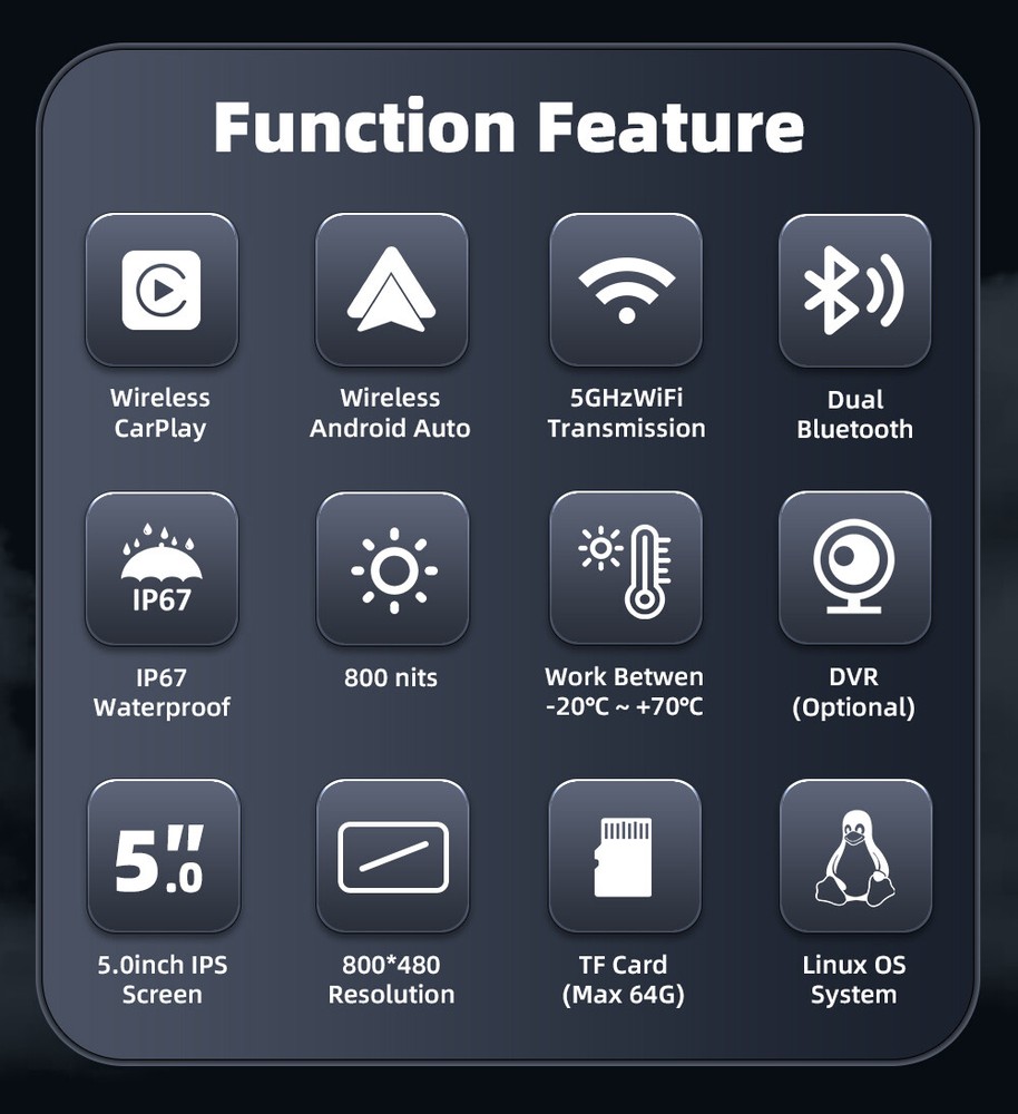 5"Universal Linux Motorcycle Navigation IP67 Wireless Carplay Dual Bluetooth HD
