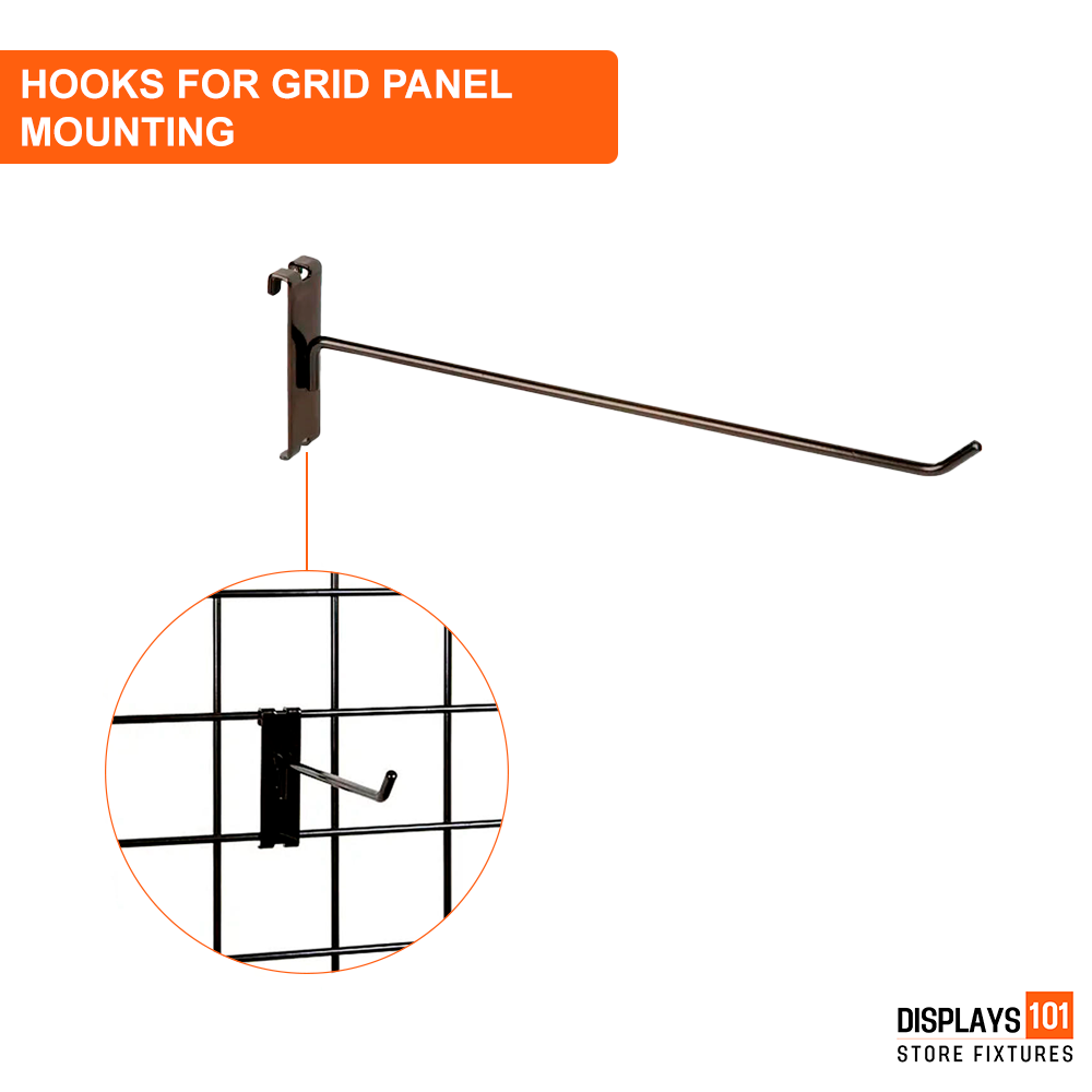 12" Gridwall Hooks | 50-Pack Black Hooks For Grid Panel Displays - NEW