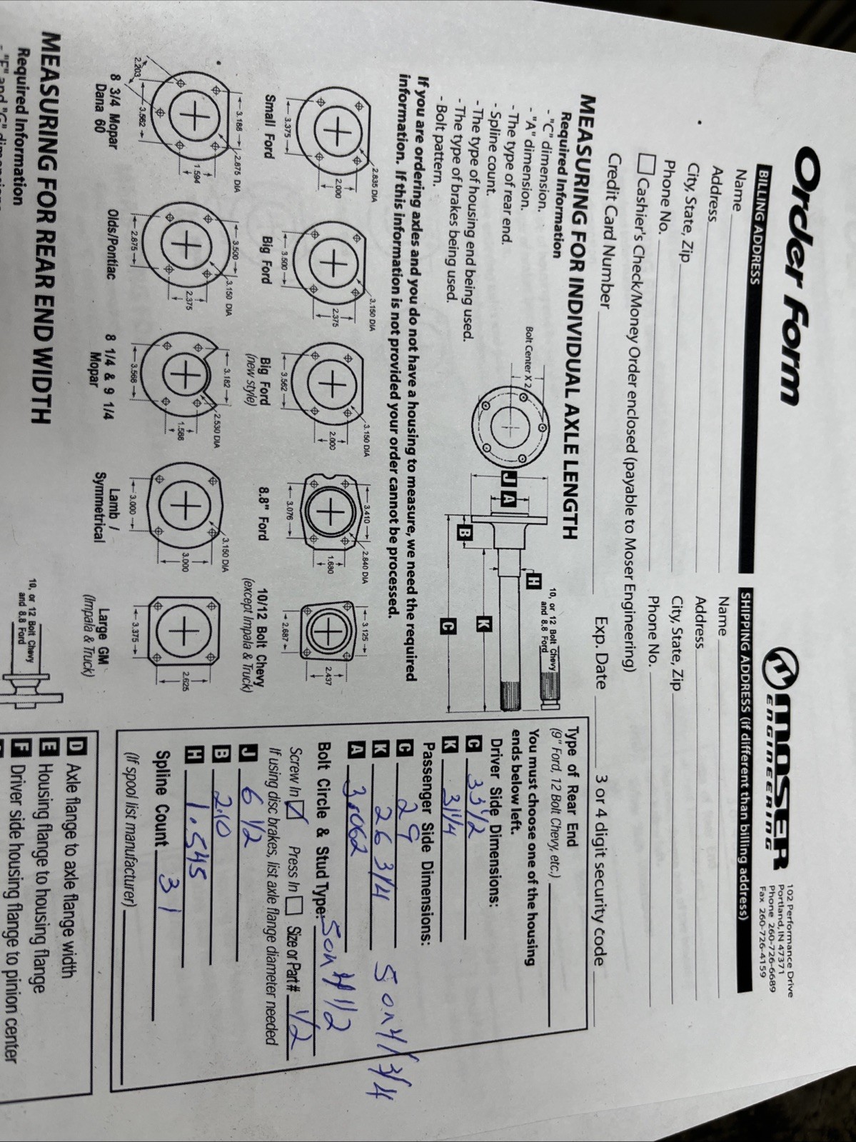 Moser Axel 31 Spline 33.5 Long & 29” Long 1/2 Stud Both 5 X 4.5 & 5x 4.75 A=3.06