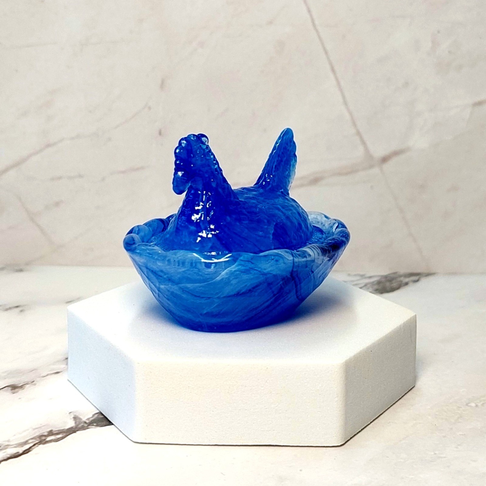 Blue Cream Swirl Hen on Nest Chicken Salt Dish, Depression Style Glass, Kitchen