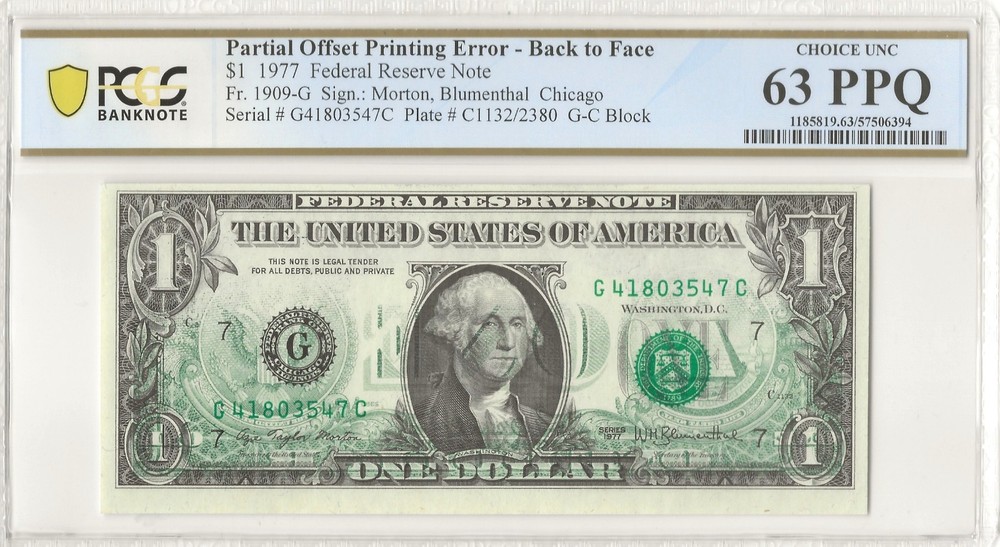 1977 $1 ERROR  -  Back to Face Offset Printing PCGS 63 PPQ CHICAGO - SUPER NICE!