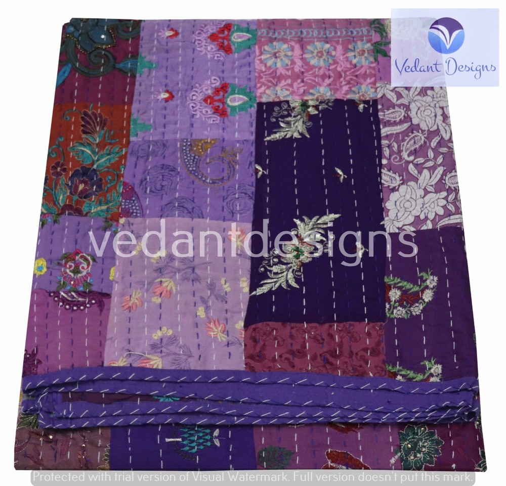 Handmade Patchwork Kantha Quilt Reversible Bedspread Double Cotton Coverlet
