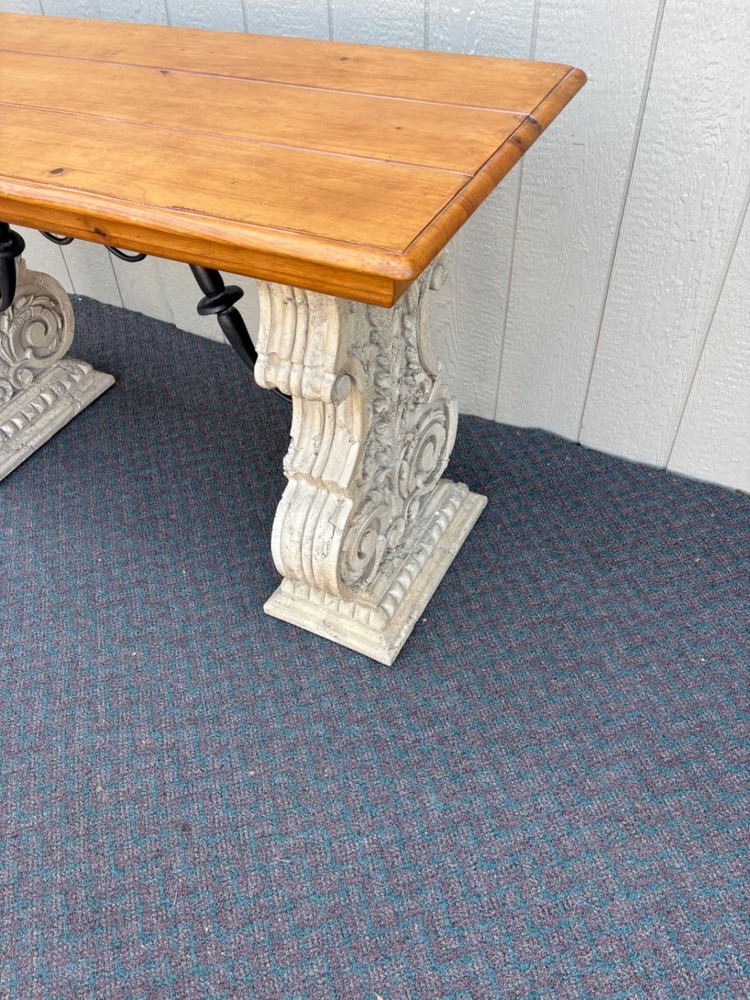 67646 Rustic Console Table with Carved Stone Base and Iron Accents