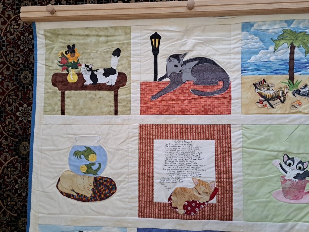 Handmade Patchwork Applique Cat Scenes Wall Hanging Quilt