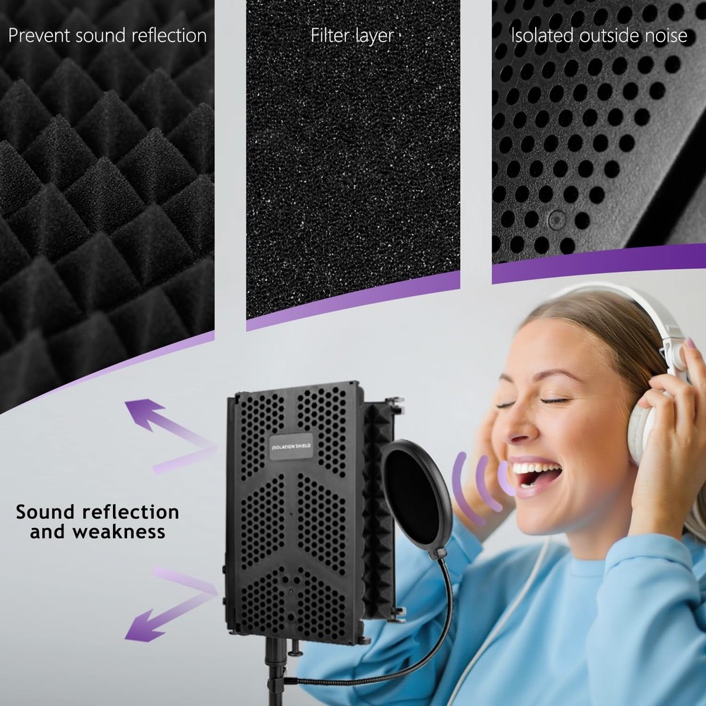 Microphone Isolation Shield, 3 Panels Sound Proof Mic Shield with Mic Stand a...