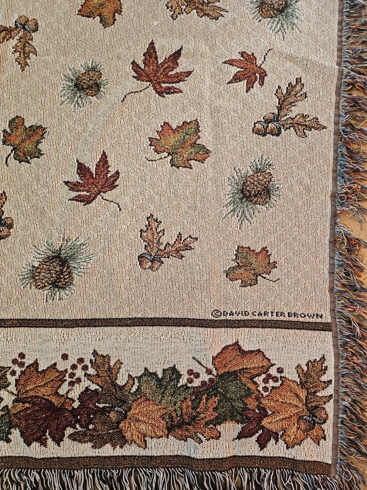Afghan Woven Tapestry Fall Leaves Orange Brown