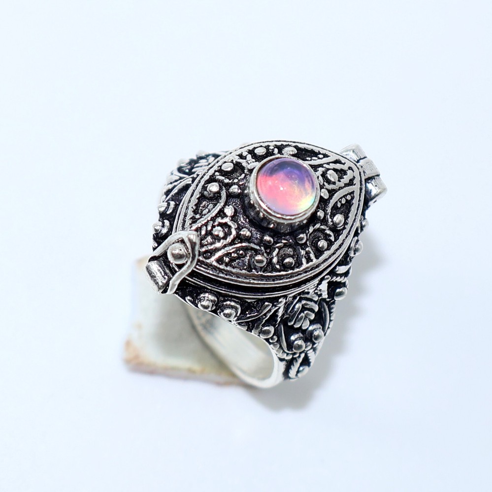 Aurora Opal Stone Poison Ring, 925 Silver Platted, Marquise Shape Ring