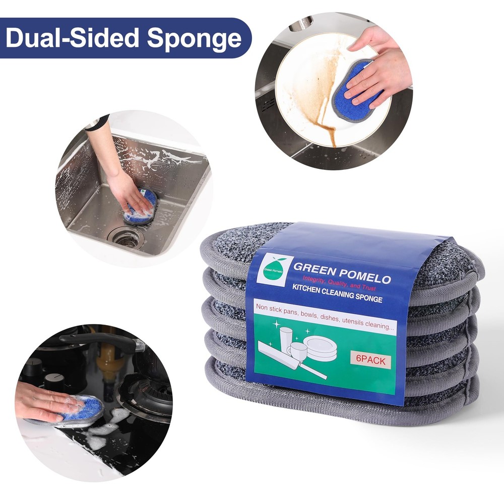 6 Pack Multipurpose Sponges Kitchen Dualsided Microfiber Dish Sponges 3 Colors N