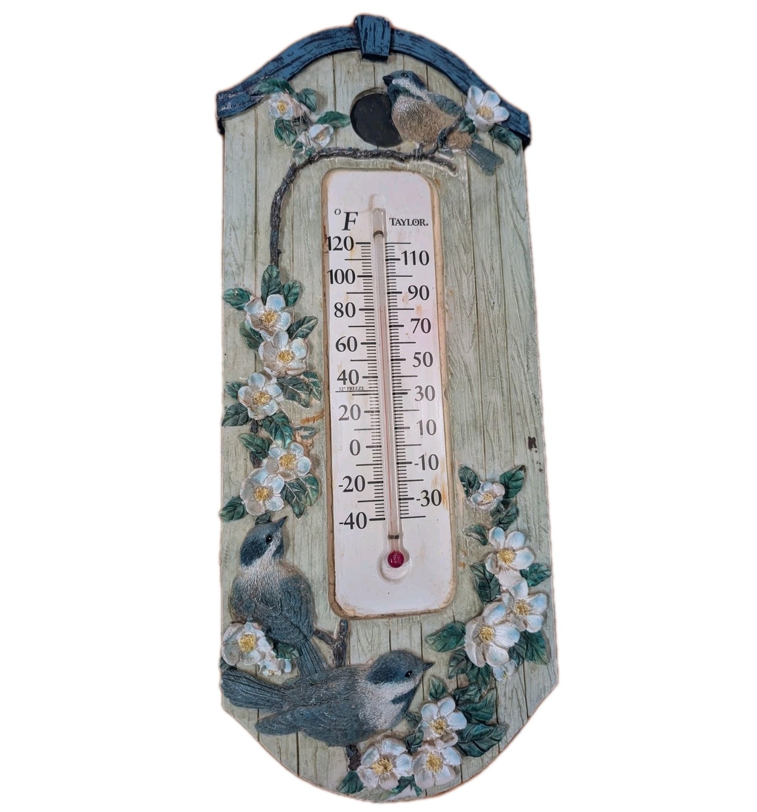 Taylor 14.5" Resin Blue Bird & Birdhouse Floral Garden Wall Hanging Thermometer