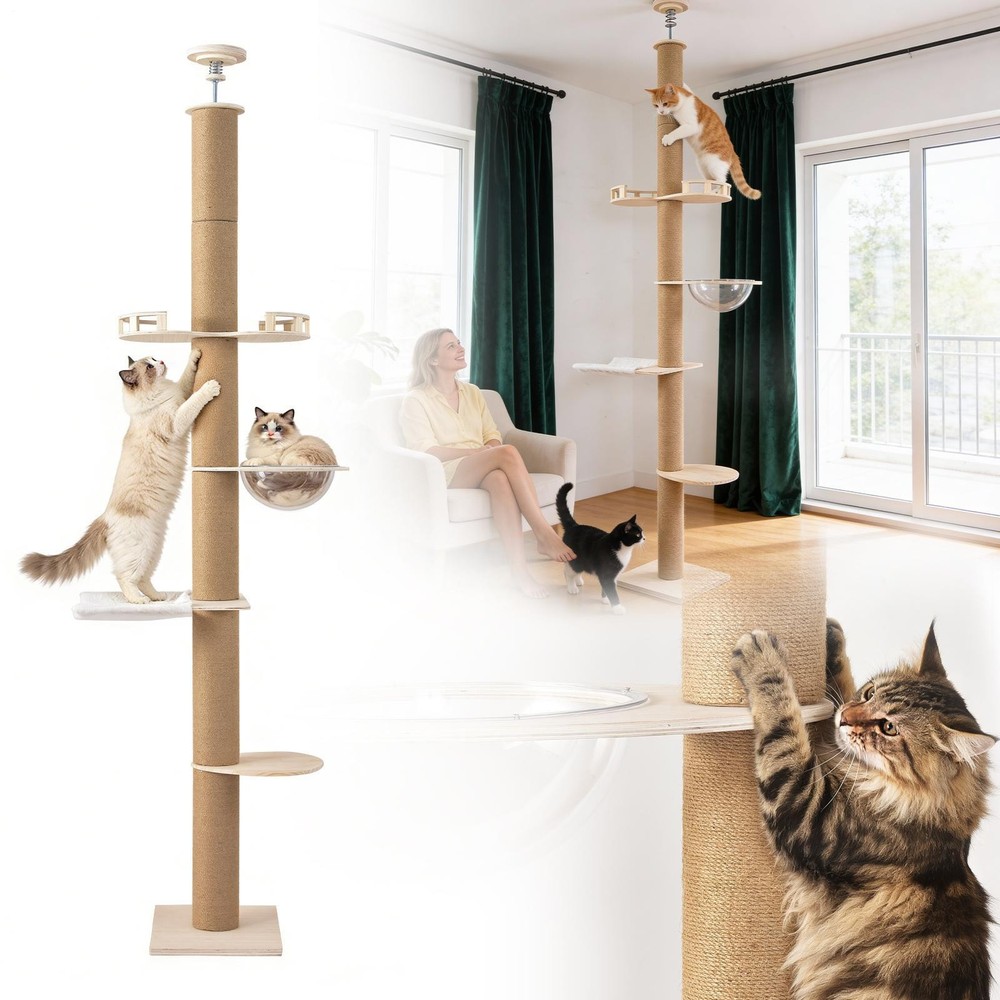 Floor To Ceiling Cat Tree 4 Layer 8.5-8.7 Ft Adjustable Height Climbing Tower