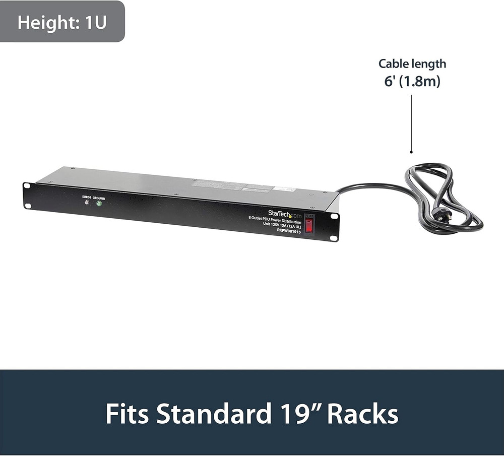 8 Outlet Horizontal 1U Rack Mount PDU Power Strip for Network Server Racks - Sur
