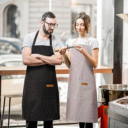 2 Pack Adjustable Bib Apron with 2 Pockets Chef Cooking Black/Beige Stripes
