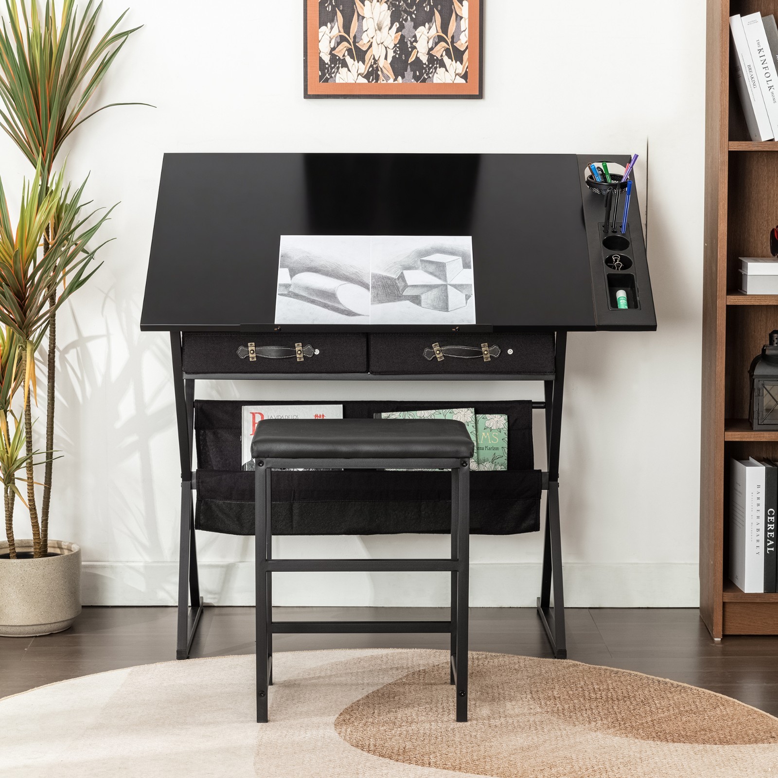 Vecelo Drafting Table Art Desk Art Table Adjustable Drawing Table w/Drawer Stool