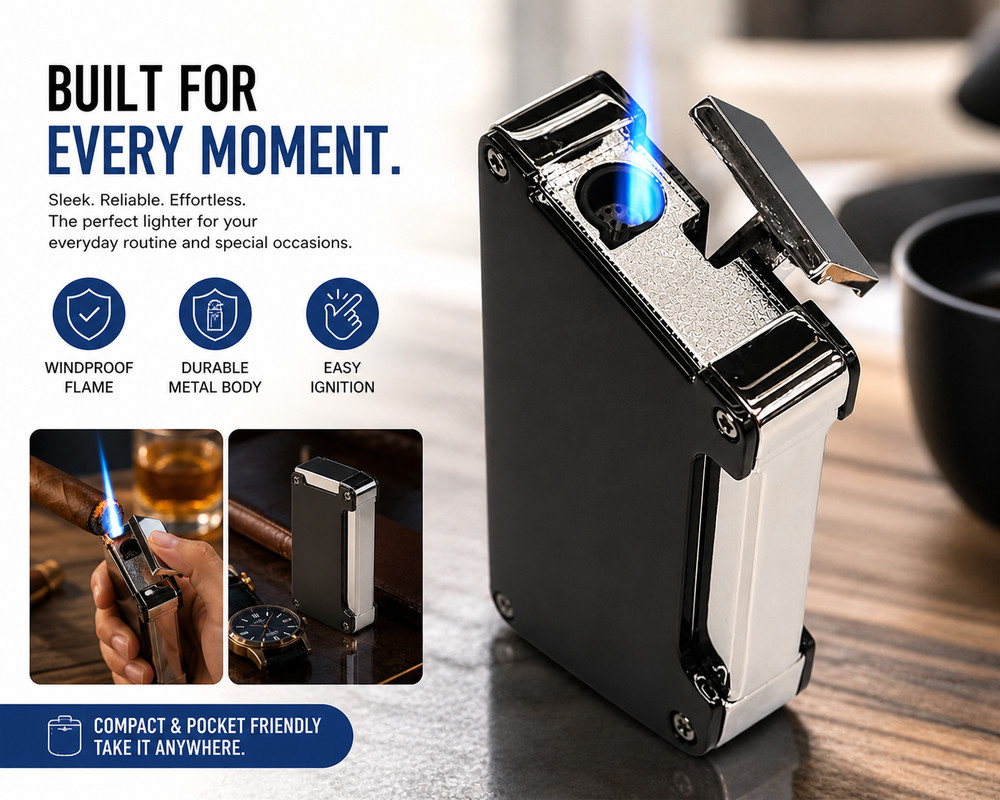 Compact Windproof Torch Lighter Dual Cigar Punch Metal Refillable
