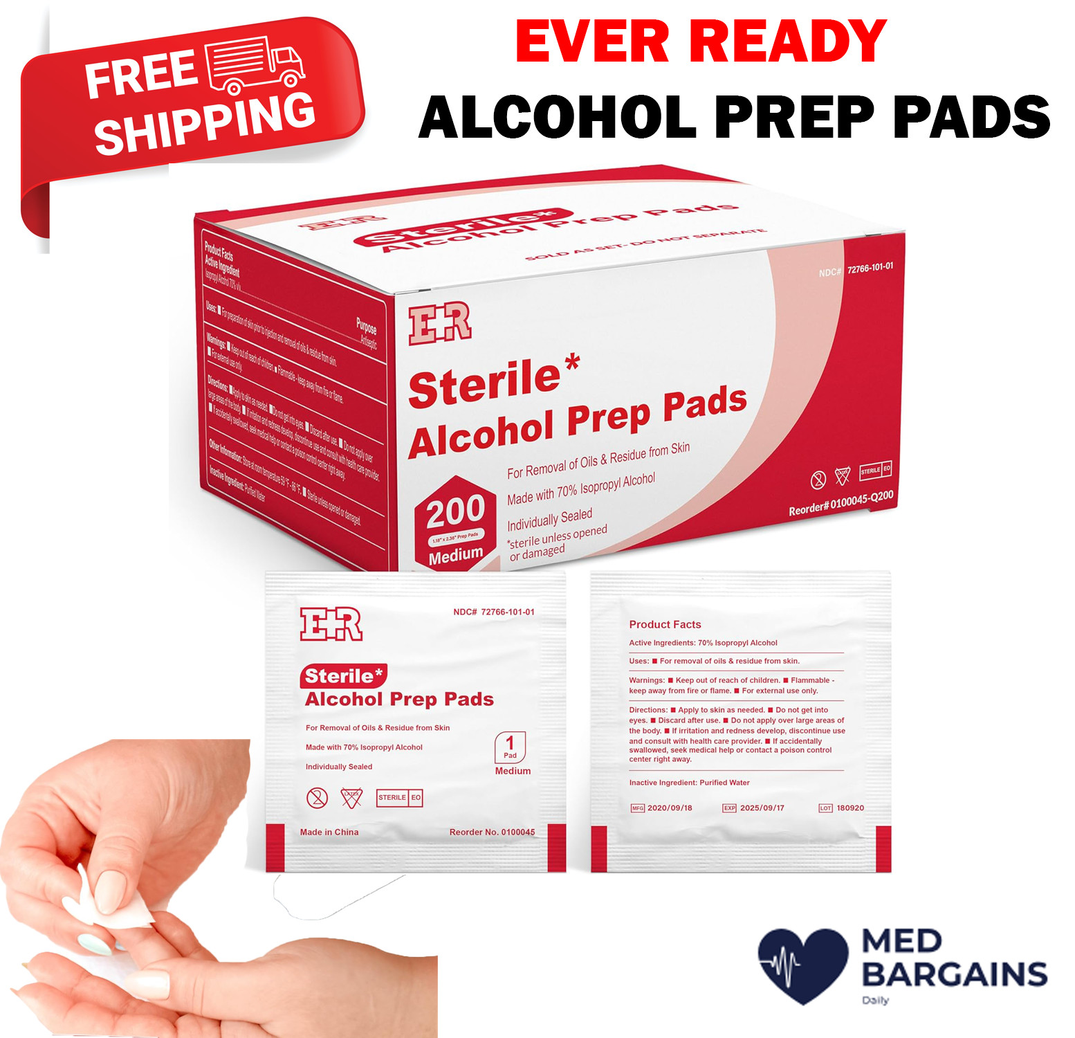 Ever Ready First Aid Alcohol Prep Pads Individually Wrapped Medium 2-Ply Wipes