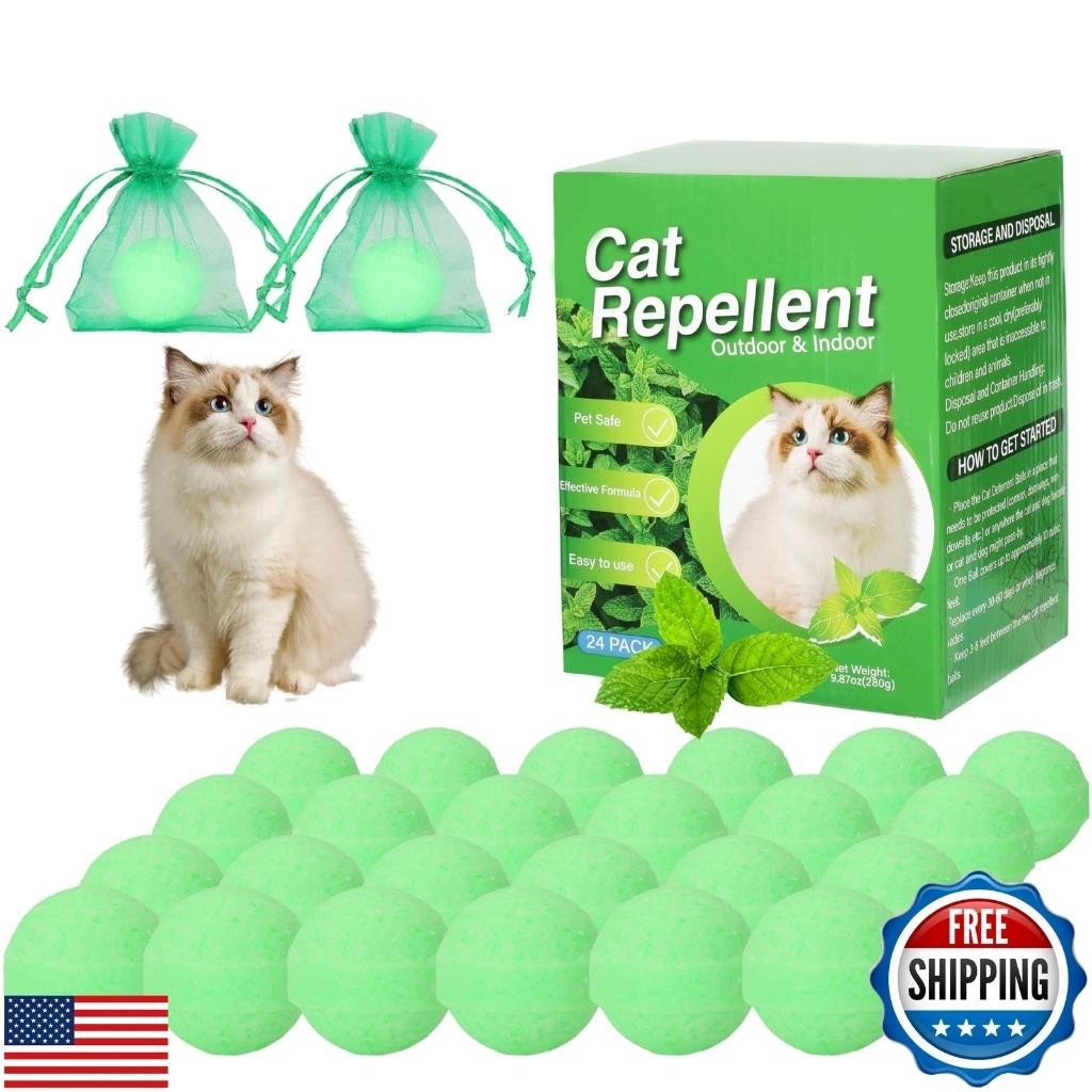 (24-Pack) Cat Repellent BalIs Indoor & Outdoor, Natural Peppermint Oil, Pet Safe