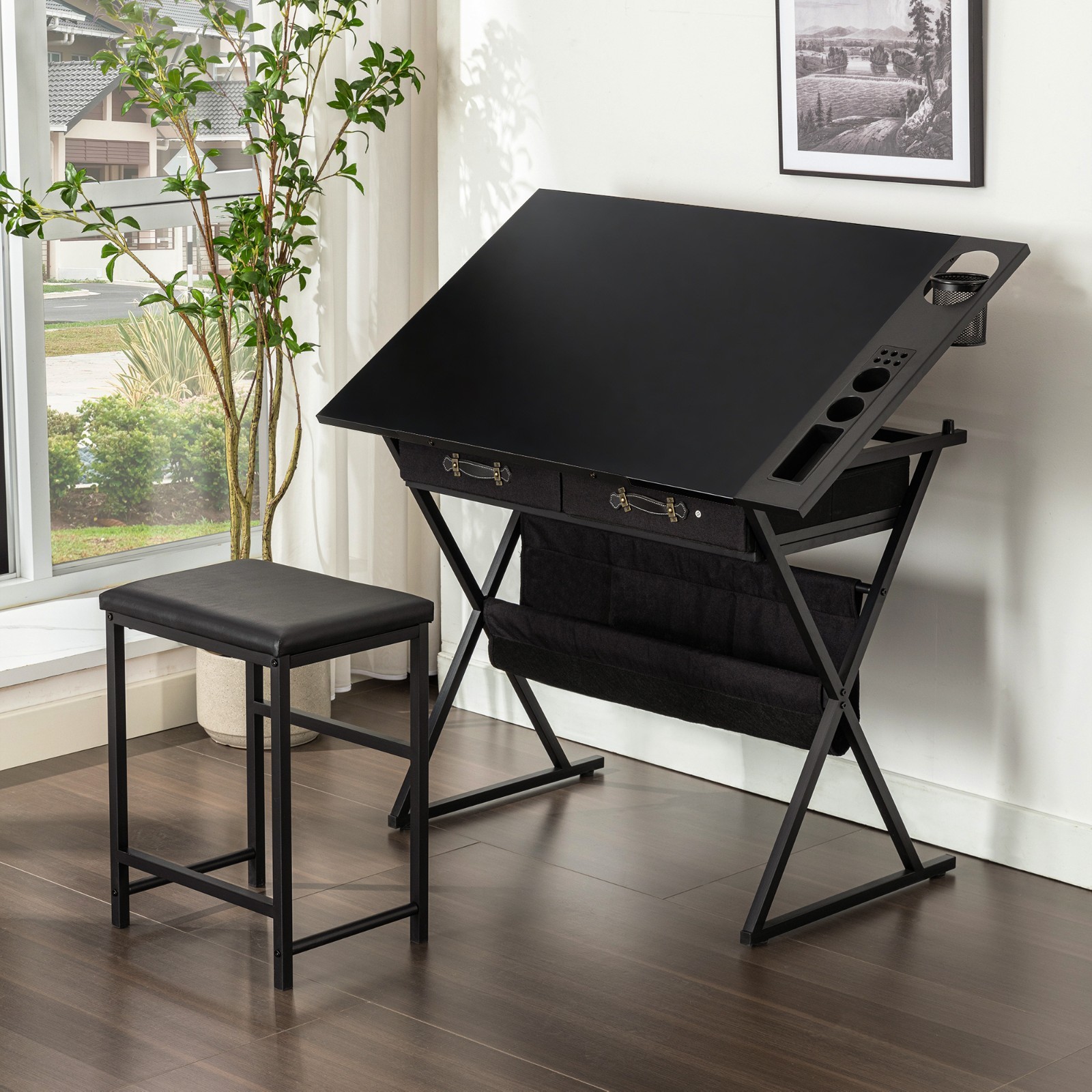 Vecelo Drafting Table Art Desk Art Table Adjustable Drawing Table w/Drawer Stool