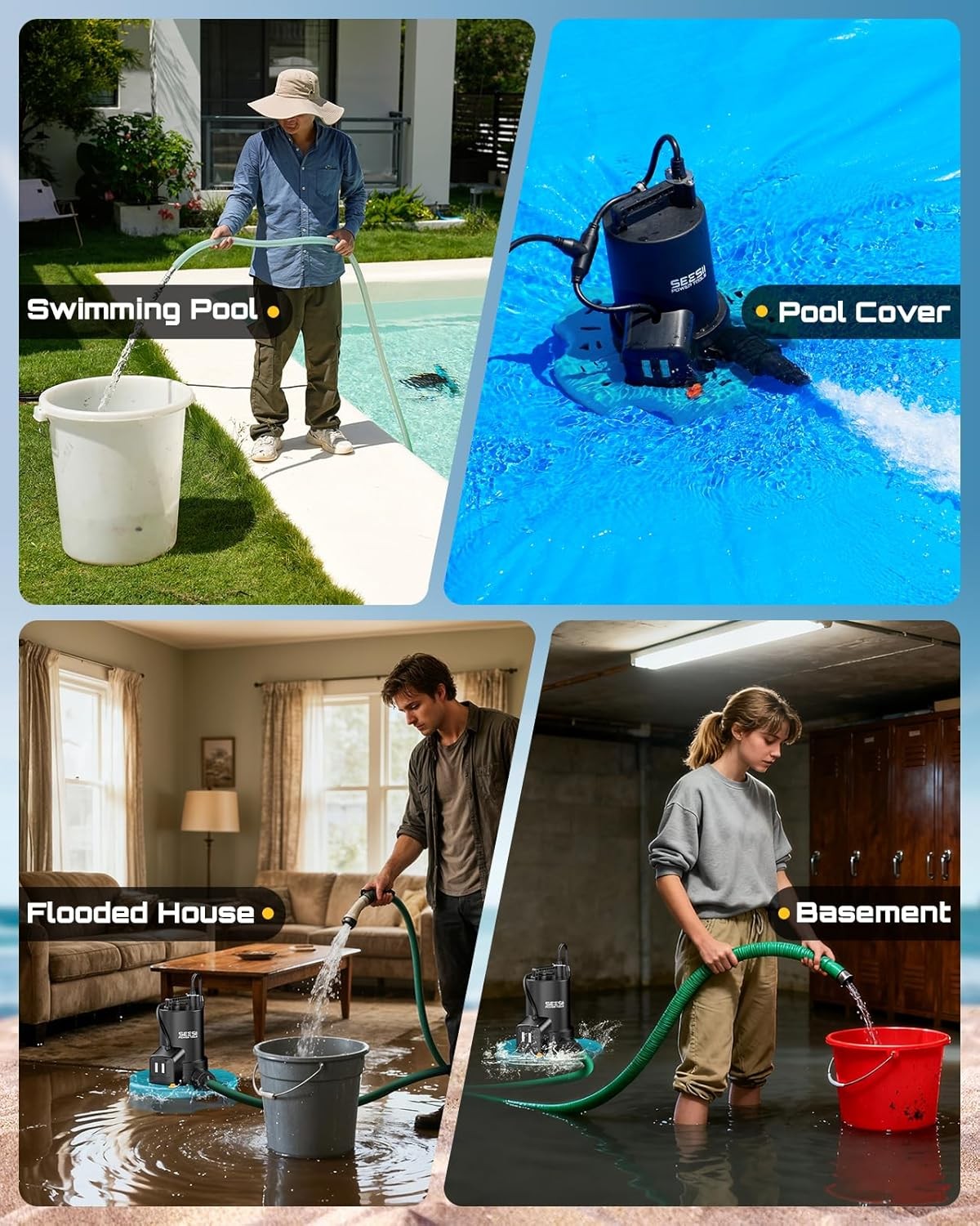 SEESII Automatic On/Off 1/3HP Pool Cover Pump 3035GPH Submersible Water Pump