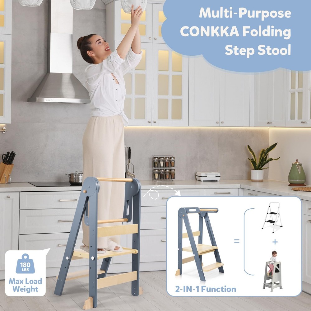 CONKKA Foldable Toddler Kitchen Wood Step Stool w/ Hook - Pre-Assembled