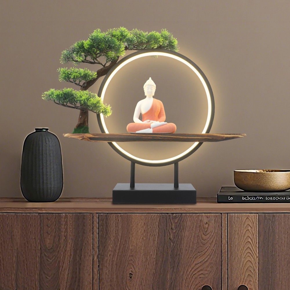 Buddha Statue w/Green Artificial Tree & LED Circle Table Lamp, Buddha Statues