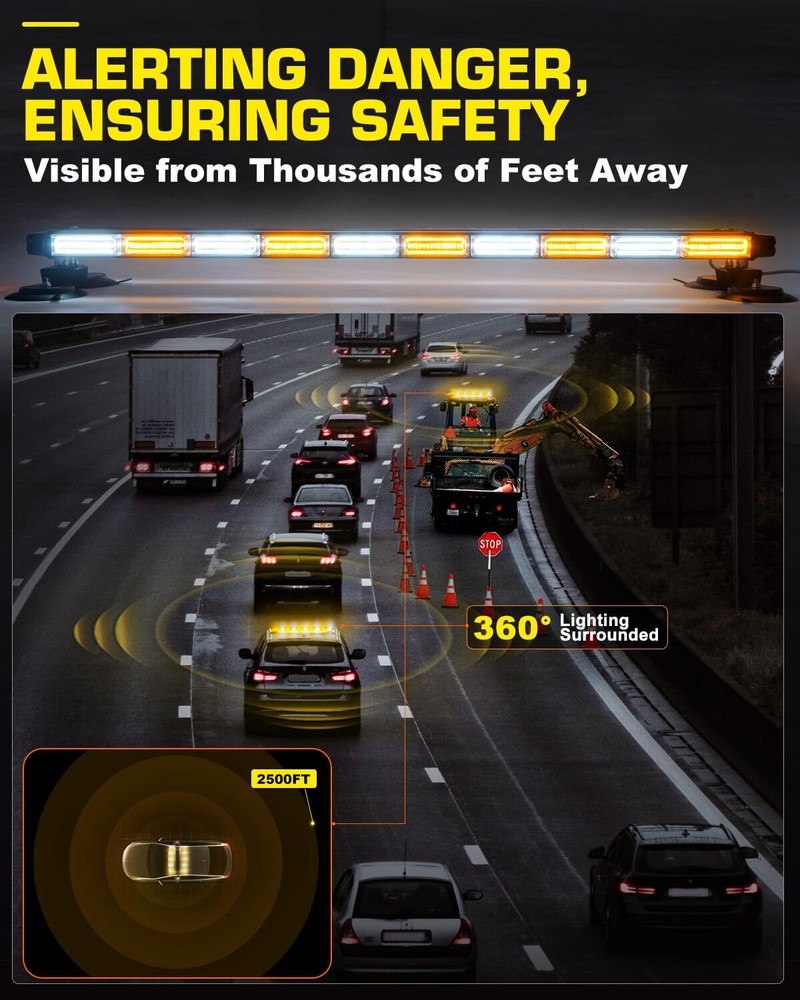 206 LED Emergency Strobe Light Bar Double Side Warning Rooftop Light Amber/White