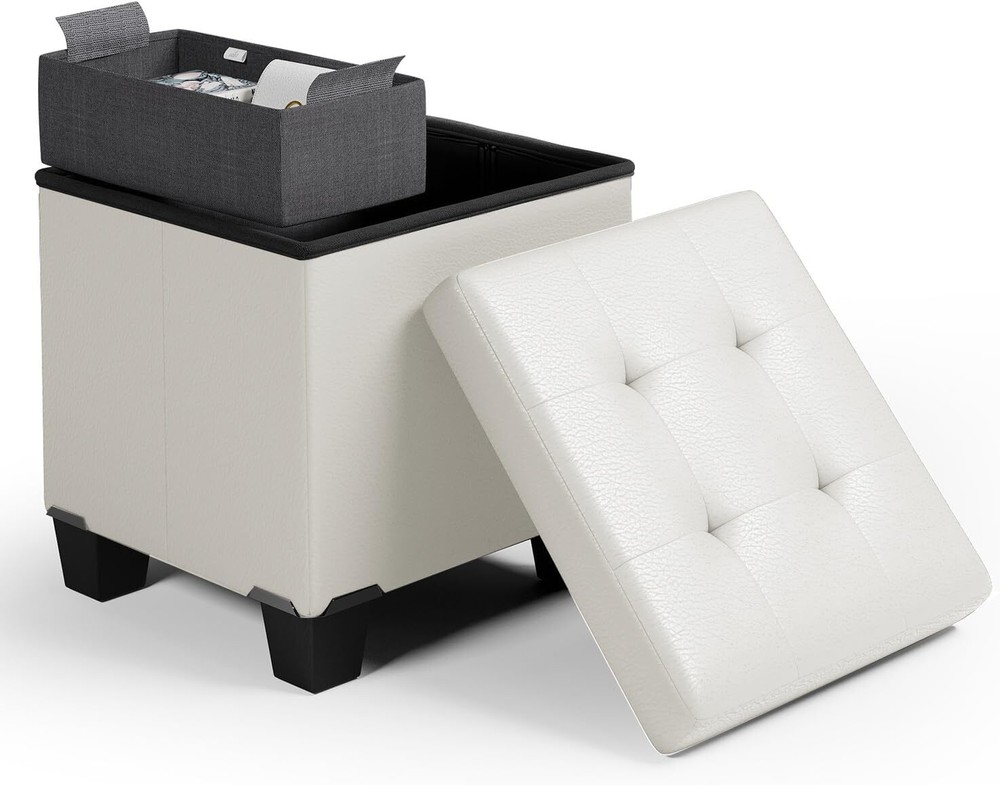 Storage Ottoman Cube with Bin, 15-In Square 15 Inch, White Leather