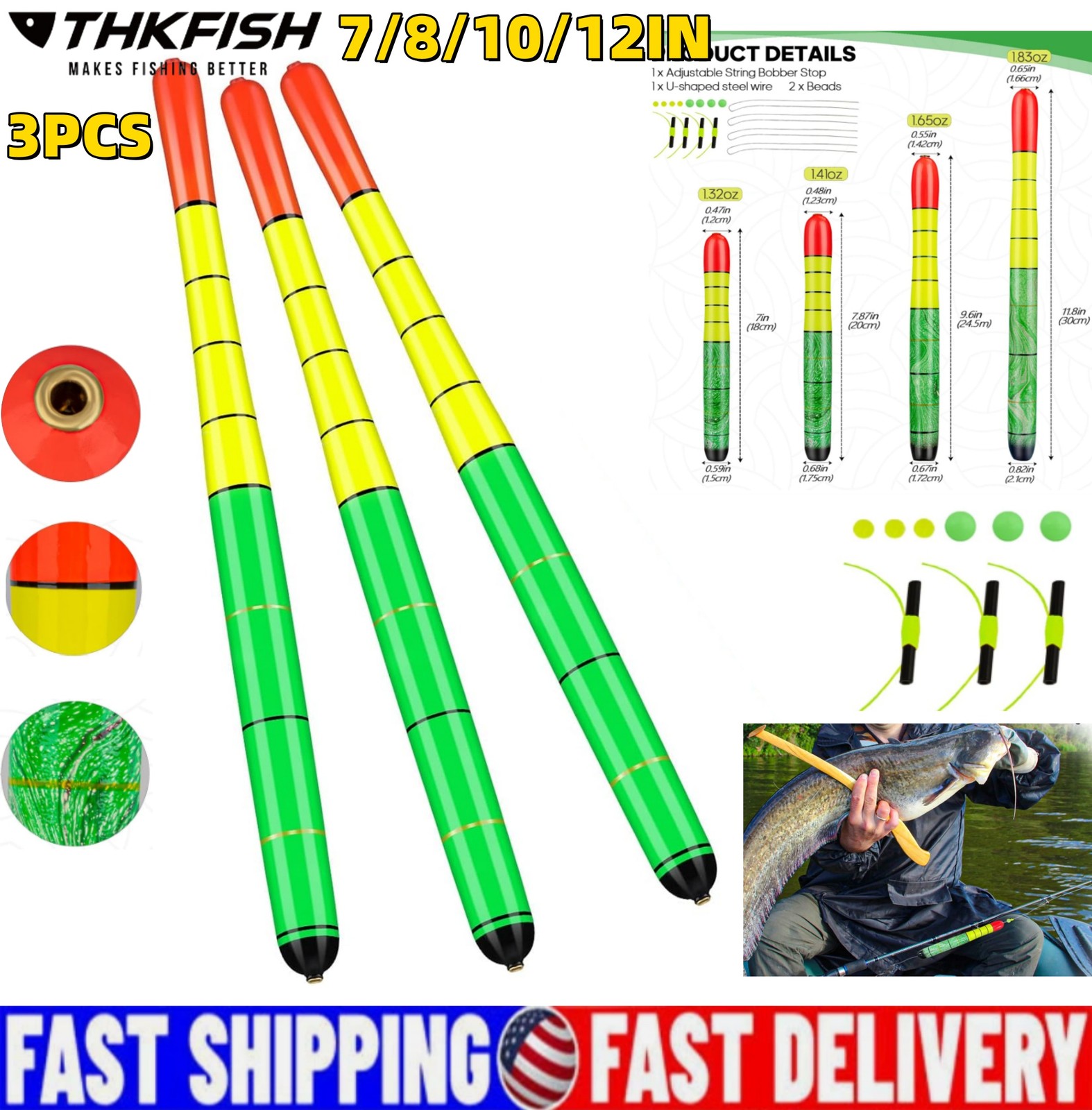 3PCS 7"/8"/10"/12" Premium Non Weighted Balsa Fishing Pole Float Hi Vis Catfish